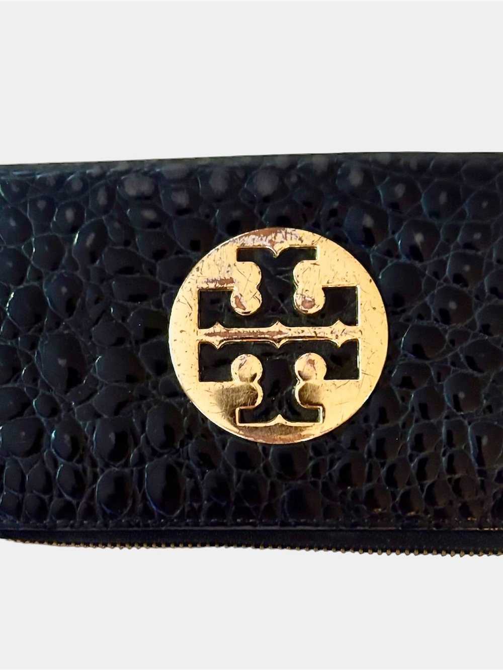 Tory Burch Black Pebbled Leather Zip Wallet with Gold Double-T Emblem